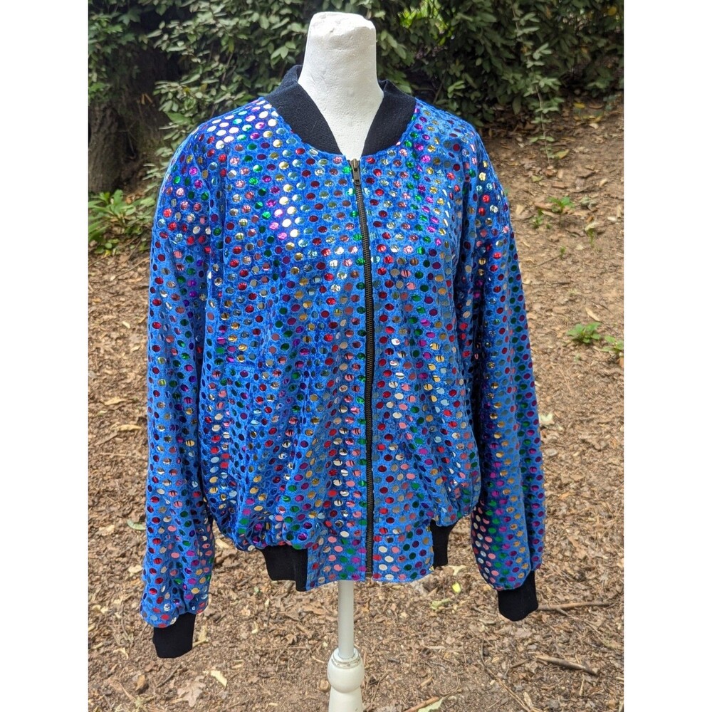Vintage Mighty Velvet Bomber Jacket Metallic Foil Dot Blue Disco Dance Large XL